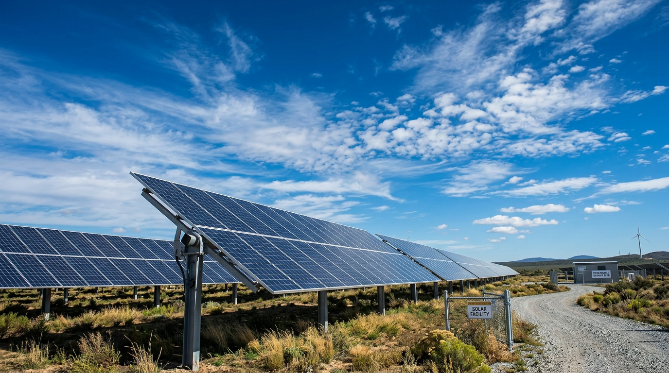 Photovoltaik-Freiflächenanlage bei Sonnenaufgang